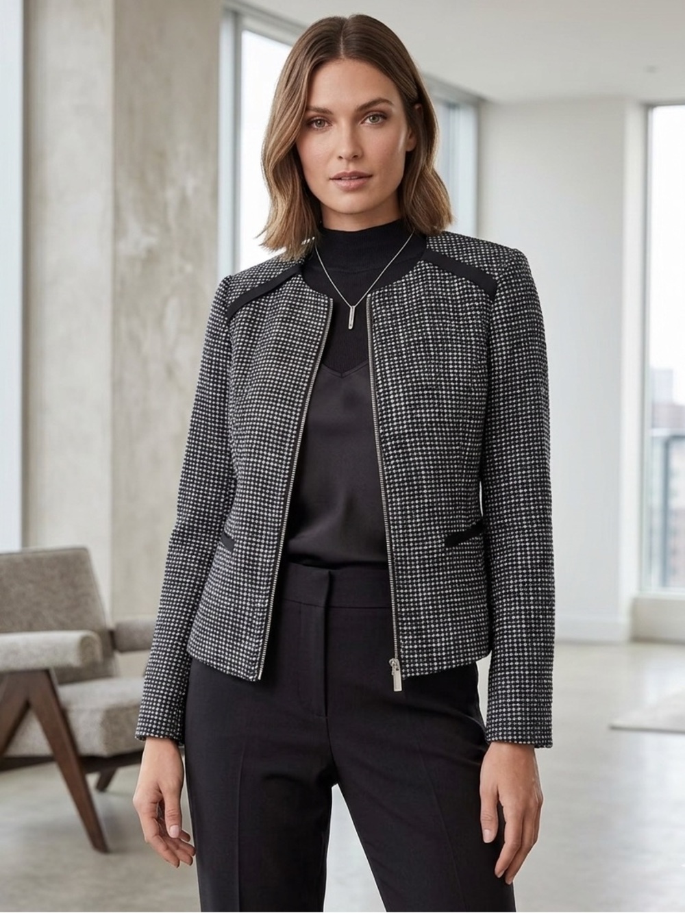 Vince Camuto Navy & White Tweed Zip-Front Jacket